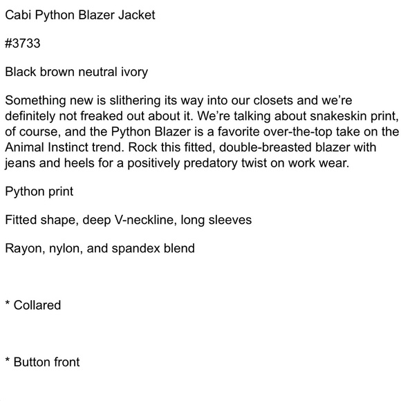 CAbi Python Blazer Snake Print Ivory Brown Black Size 6 - Picture 6 of 7